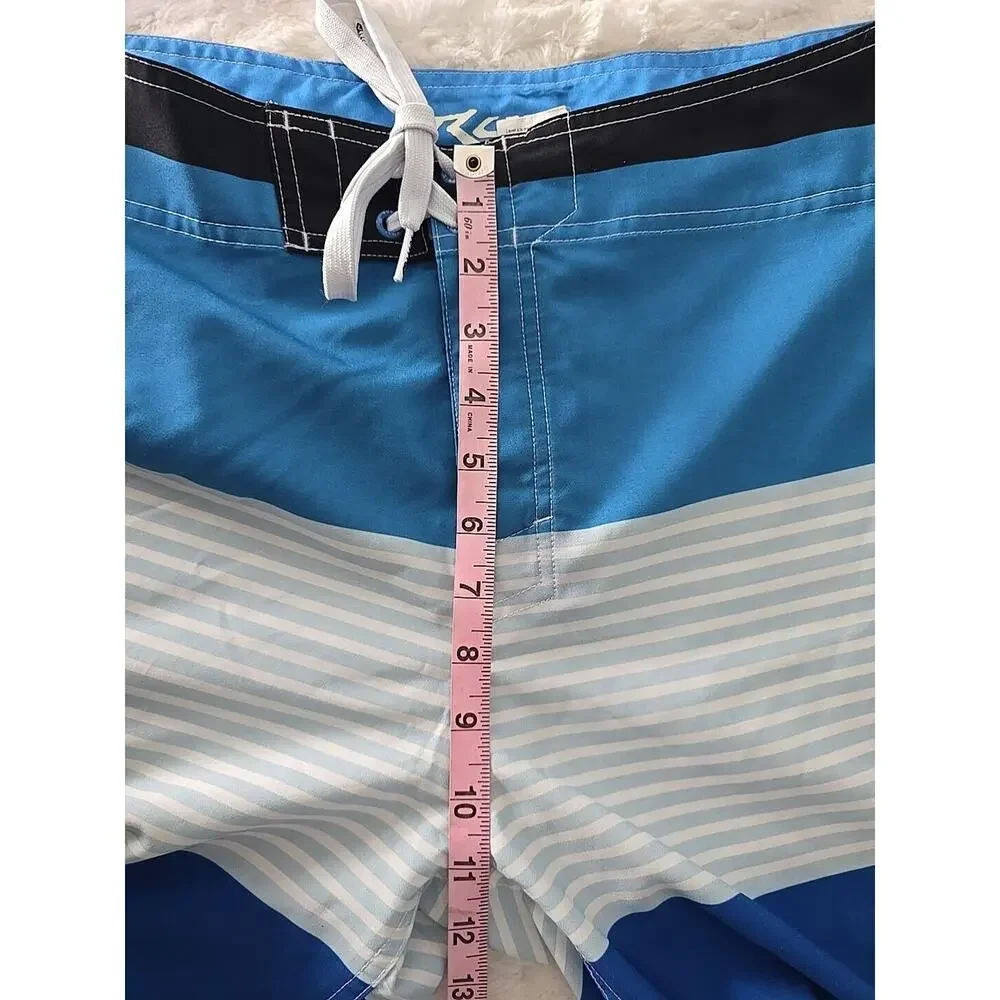 Rusty Board Shorts Striped Blue Green Hook & Loop Mens Size 33 Surfer Beach